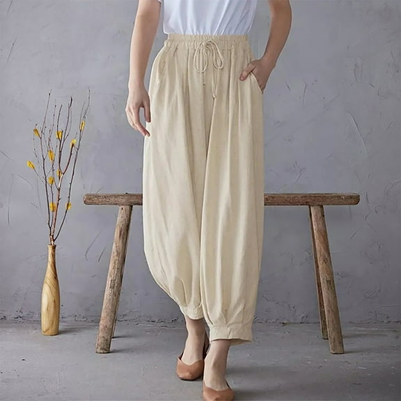 Edvintorg Women's Casual Cotton Linen Baggy Pants with Elastic Waist Solid Color Loose Fit Leggings Pants Women's Plus Size Clothes Khaki M