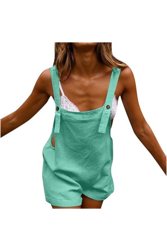 Women's Cotton and Linen Cute Overall Shorts Casual Summer Rompers Shortalls Solid Color Jumpsuit Shorts Plus Size Women Clothing