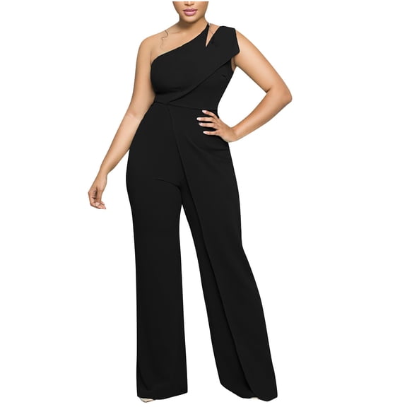 Edvintorg Women's Elegant Jumpsuits Sexy One Shoulder Sleeveless High Waist Straight Long Pants Wide Leg Jumpsuits Rompers with Pockets Black XL