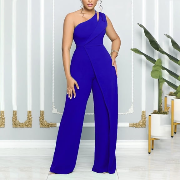 Edvintorg Women's Elegant Jumpsuits Sexy One Shoulder Sleeveless High Waist Straight Long Pants Wide Leg Jumpsuits Rompers with Pockets Blue XL