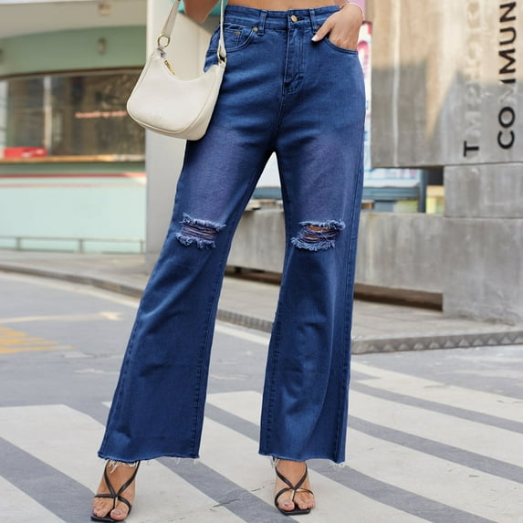 Edvintorg Women's Jeans Streetwear Vintage Baggy Straight Hole Denim Trousers Women Pockets Button Mid Waist Ripped Jeans Pants Dark Blue S