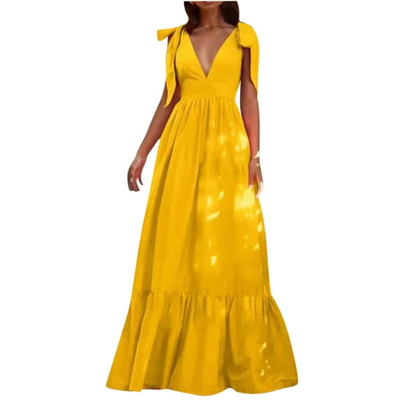 Edvintorg Women's Lace Up Long Dresses Fashion Sleeveless V Neck Summer Comfy Solid Casual Loose Beach Dress Vacation Outfits for Women 2025 Yellow XL