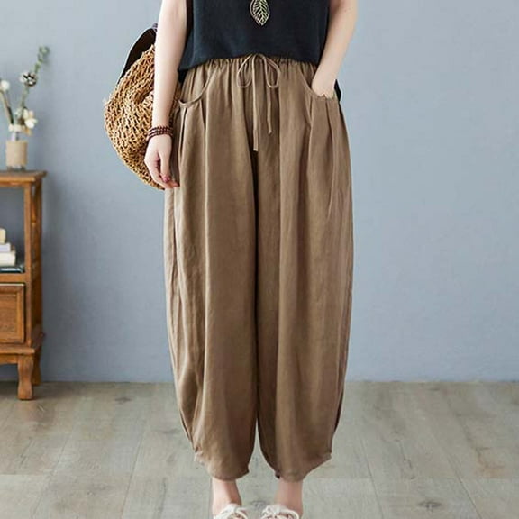 Edvintorg Women's Pants Fashion Solid Drawstring Casual Elastic Waist Pocket Loose Pants Joggings Yoga Pants Trousers Womens Khaki XXL