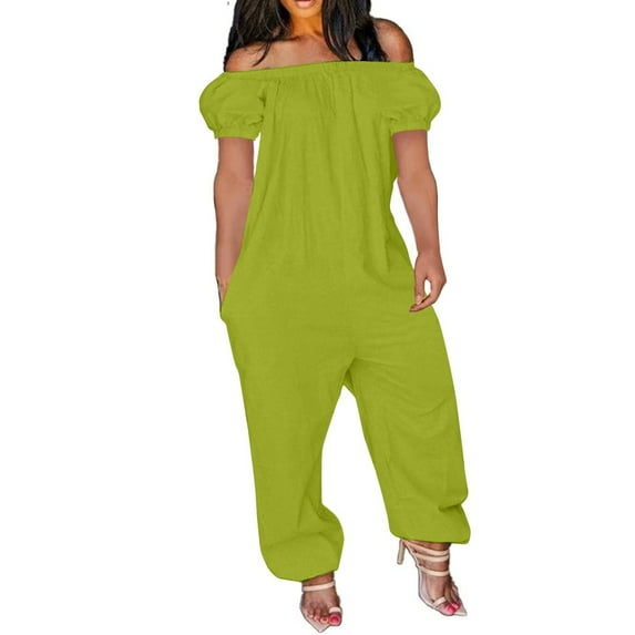 Summer Savings Clearance! Edvintorg Women's Sexy Summer Jumpsuit Off Shoulder Short Sleeve Loose Fitting Jumpsuit Romper With Pockets Solid Color One Piece Casual Oversized Outfits Green XXXL
