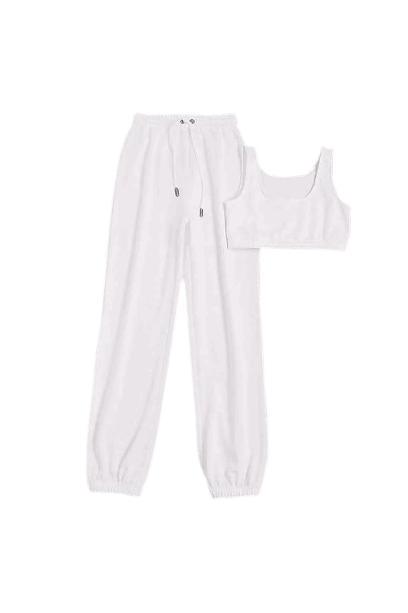 Women's Summer Casual Two Piece Outfits Sweatsuits Crop Tank Top Scoop Neck Ribbed Knit Long Pants Tracksuits Fashion Streetwear Women Tracksuit Jogger Set White L