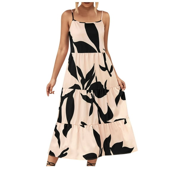 Edvintorg Women's Summer Floral Spaghetti Strap Sundress Womens Open-Back Sleeveless Drawstring Printed Temperament Flowy Maxi Dresses Beige S