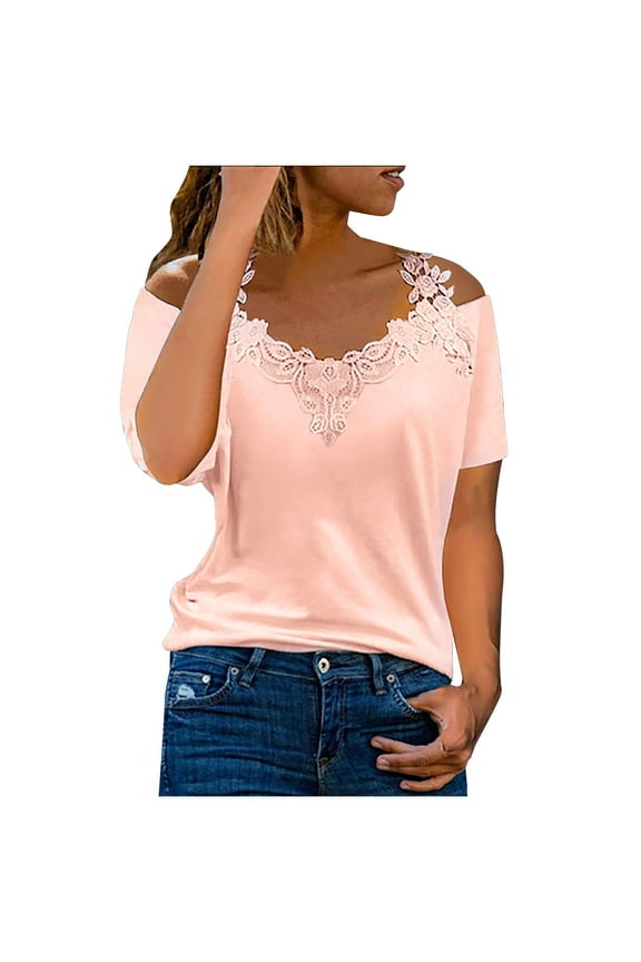 Women's T-Shirts Fashion 2025 Summer Cold Shoulder V-Neck Casual Lace Patchwork Solid Caims Blouse Top