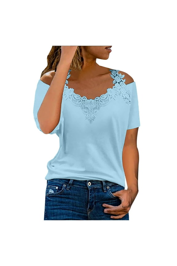 Women's T-Shirts Fashion 2025 Summer Cold Shoulder V-Neck Casual Lace Patchwork Solid Caims Blouse Top