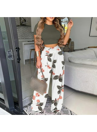 Summer Savings Clearance! Edvintorg Women's Two Piece Outfits Solid/Flower  Short Sleeve Pullover Crop Top And Long Pants Tracksuit Fashion Women