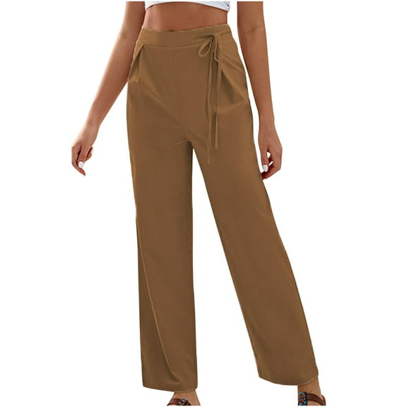 Edvintorg Women's Wide Leg Pants High Elastic Waisted Business Work Trousers Long Straight Suit Pants Fashion Casual Solid Color Zippers Lace Up Pants Brown XL
