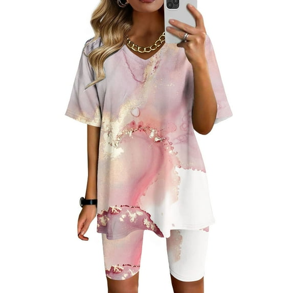 Edvintorg Womens 2 Piece Outfit Set Women Fashion V-Neck Blouse Short Sleeve Tops Shorts Casual Suit Sets Loungewear for Women S