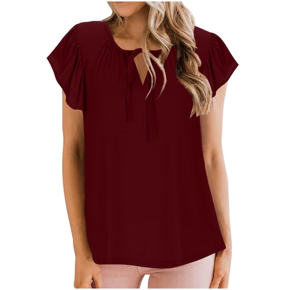 Summer Savings Clearance! Edvintorg Womens Blouses Dressy Casual Summer Solid Color Ruffled Short Sleeve V-Neck Loose Tunic Tops Shirt With Drawstring Vacation Outfit For Women 2024