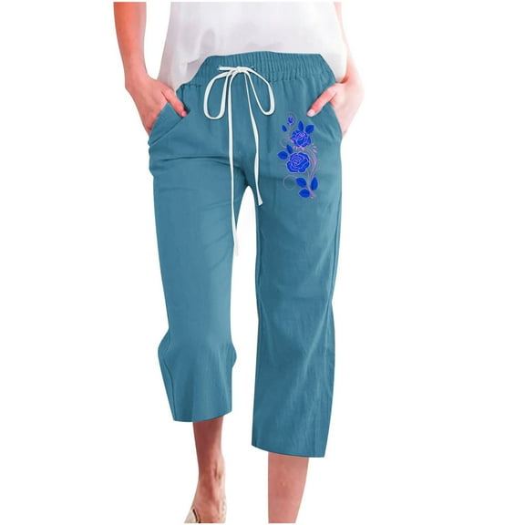 Edvintorg Womens Capri Pants for Summer 2025 Women Casual Floral Printing Elastic Loose Drawstring Pants Straight Wide Leg Trousers with Pockets Blue XXL