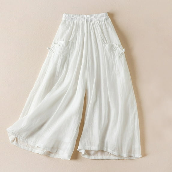 Summer Savings Clearance! Edvintorg Womens Capri Pants For Summer Solid Color Casual Wide Leg Pants Pocket Elasticated Literary Artistic Revival Capris Cotton And Linen Pants White XL