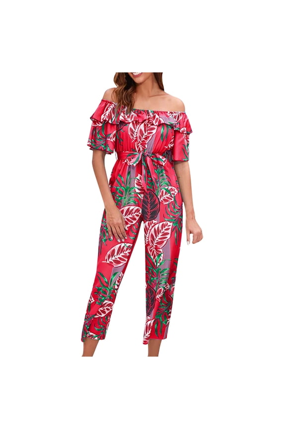 Womens Elegant Off Shoulder Long Pants Wide Leg Jumpsuits Rompers Fashion Women's Casual Printing Ruffles Rompers Playsuit with Bandage Short Sleeve Ladies Outfits