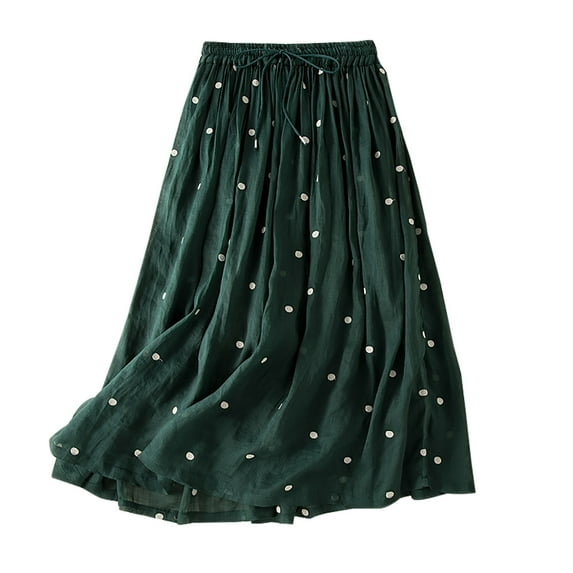Edvintorg Womens Polka Dot Print Midi Skirt Summer Women Fashion High Waist Bandage Large Swing Skirt Trendy 2025 Army Green M