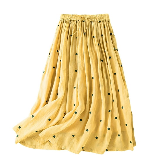 Summer Savings Clearance! Edvintorg Womens Polka Dot Print Midi Skirt Summer Women Fashion High Waist Bandage Large Swing Skirt Trendy 2023 Yellow L