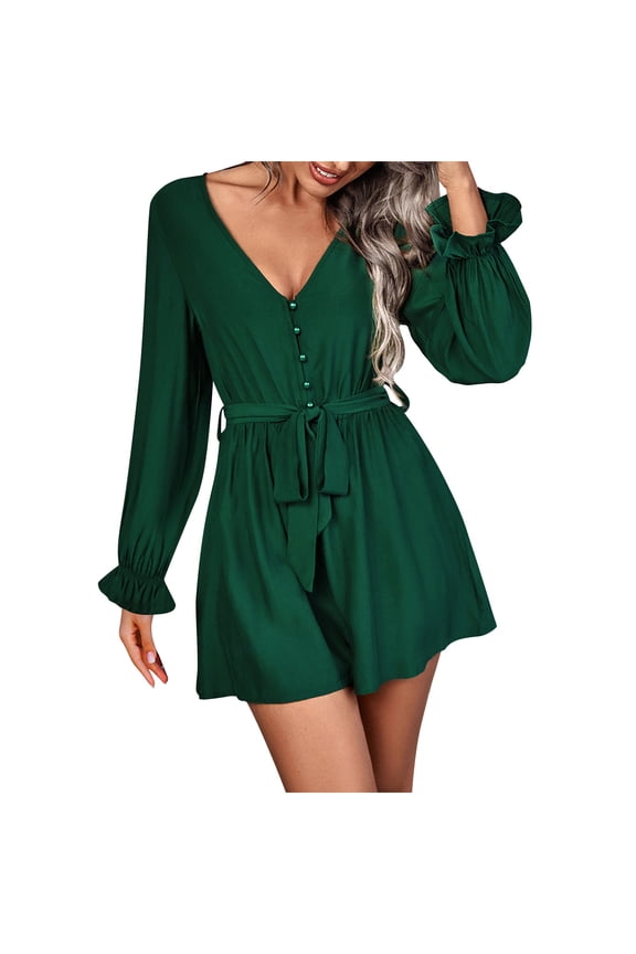Womens Romper Holday Women's Solid Color Shorts Jumpsuit Wrap V Neck Long Sleeve Casual Loose Romper with Pockets