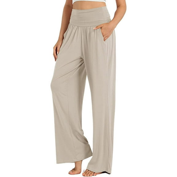 Edvintorg Womens Wide Leg Lounge Pants Casual Loose Yoga Sweatpants Women's Solid Elastic Waist Loose Fit Long Pants with Pockets Khaki M