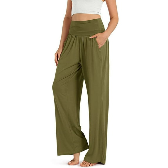 Edvintorg Womens Wide Leg Lounge Pants Casual Loose Yoga Sweatpants Women's Solid Elastic Waist Loose Fit Long Pants with Pockets Army Green XXL