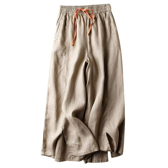 Edvintorg Womens Wide Leg Palazzo Pants Casual Loose Yoga Sweatpants Summer Solid Linen Loose and Thin Lace Up Comfy Lounge Cropped Pants Khaki XXL