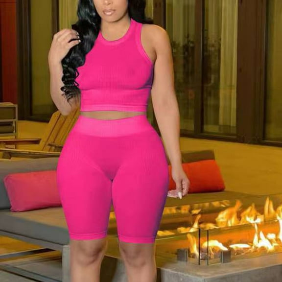 Edvintorg Workout Sets for Women 2 Piece Women Solid Two Piece Outfits Summer Sleeveless Round Neck Tops Shorts Set Gym Set Women Hot S