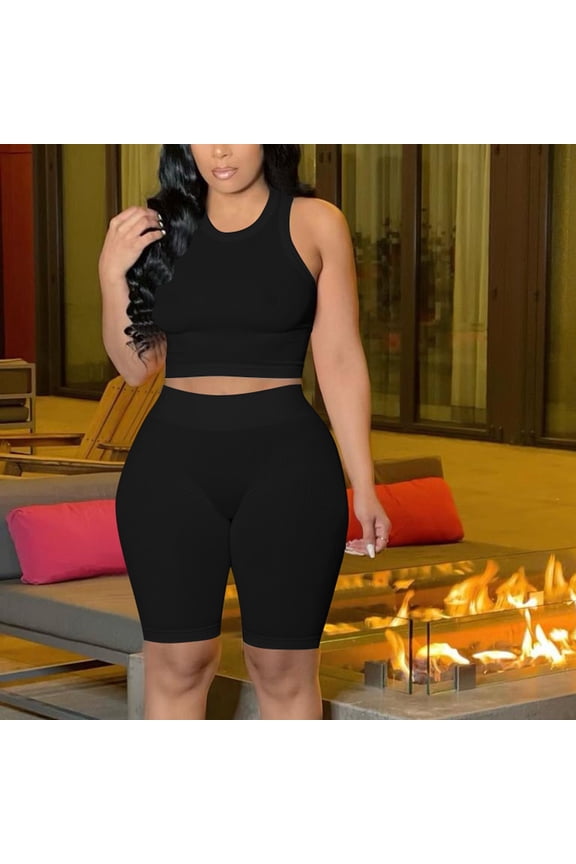 Workout Sets for Women 2 Piece Women Solid Two Piece Outfits Summer Sleeveless Round Neck Tops Shorts Set Gym Set Women Black XXL