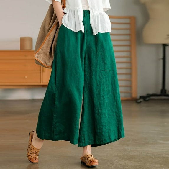 Edvintorg Yoga Pants for Women Fashion Solid Wide Leg Pants Summer Casual Elastic High Waist Linen Pant with Pockets Trousers Womens Green XL