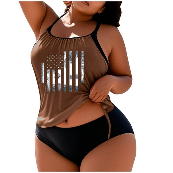 Enjoytime 4Th Of July Plus Size Women's Swimwear Two Piece Swimsuits Vintage Printed Racerback Adjustable Tankini Tank Top with Bottom Bathing Suits for Women Tummy Control