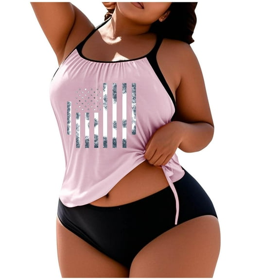Enjoytime 4Th Of July Plus Size Women's Swimwear Two Piece Swimsuits Vintage Printed Racerback Adjustable Tankini Tank Top with Bottom Bathing Suits for Women Tummy Control