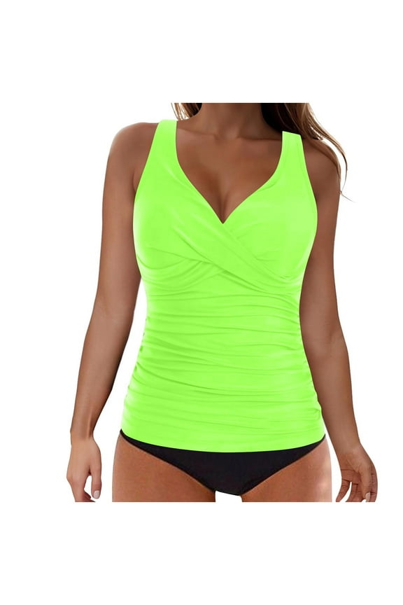 Bathing Suit for Women Two Piece Swimsuit Fashion Solid V Neck Ruched Tankini Top with Bottom Athletic Summer Swimwear Tummy Control Swimsuits for Women