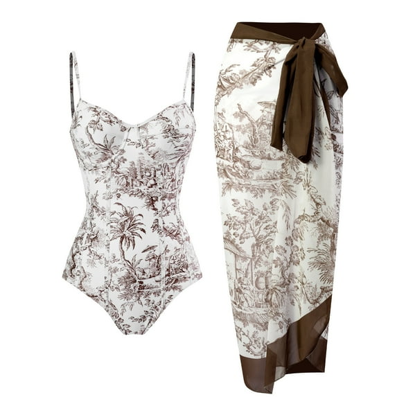 Summer Savings Clearance! Enjoytime Bathing Suits Women Vintage Swimwear One-Piece Swimsuit Bikini Lace Up Swimsuits Long Skirt Chiffon Two-Piece Beachwear
