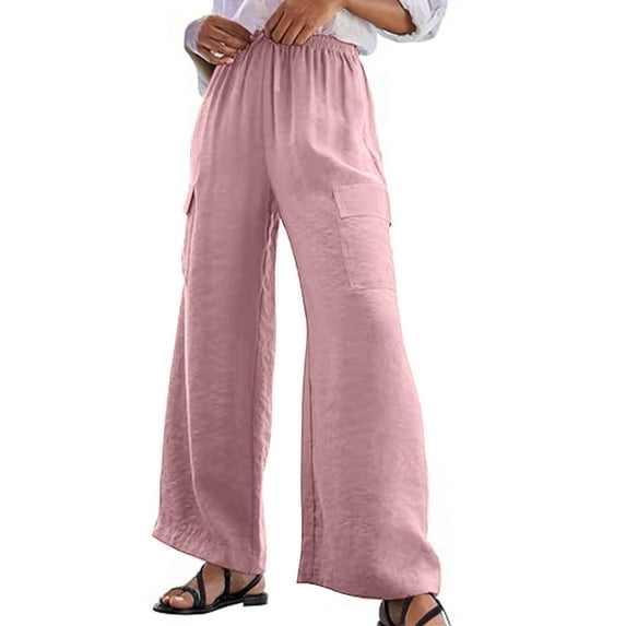 Summer Savings Clearance! Enjoytime Casual Pants for Women Solid Color Wide Leg Pants with Pockets and Drawstring Elastic Waist Comfy Baggy Palazzo Pants for Women Dressy