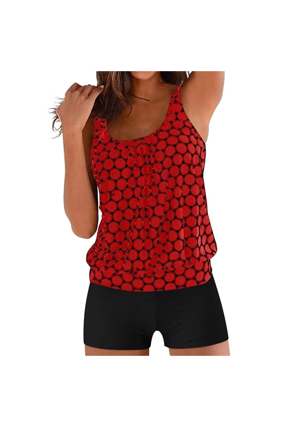 Modest Swimwear for Women Vintage Printed Tummy Control Swimsuits Two Piece Bathing Suits Swim Tankini Tank Top with Boyshorts