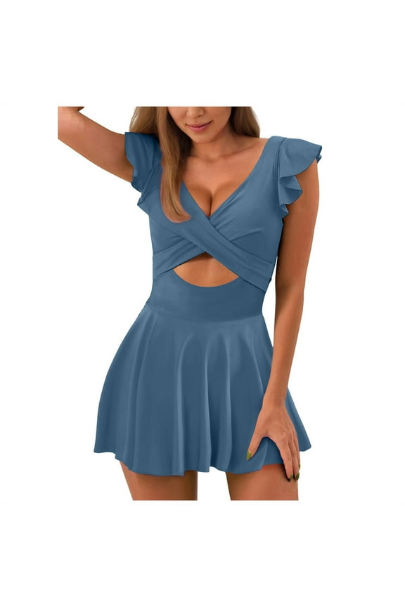 One Piece Swim Dress Swimsuits For Women Sexy V Neck Ruffle Cutout Tummy Control Swimdress Skirt Bathing Suit