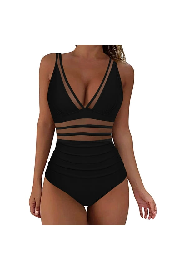 One Piece Swimsuit Women Color Block Swimwear V Neck Mesh Sheer Monokini Tummy Control Slimming Modest Bathing Suit for Women