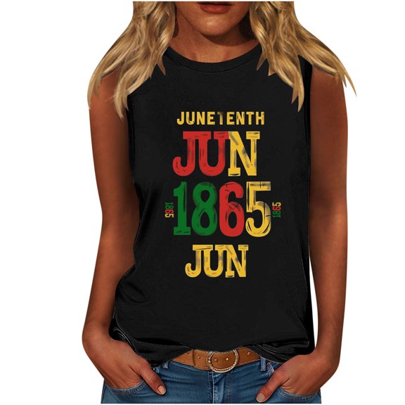 Enjoytime Plus Size Black Tank Top Woman Casual Letter Graphic Printed Sleeveless Tshirt Round Neck Loose Fit Workout Yoga Women's 4Th of July Tops