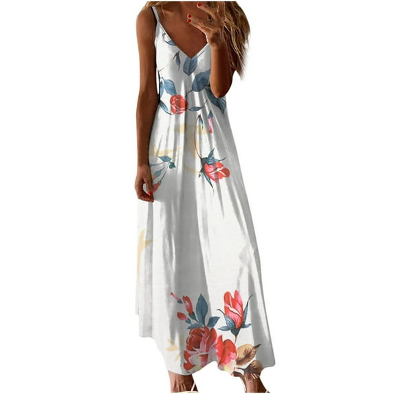 Summer Savings Clearance! Enjoytime Plus Size Flowy Dresses for Women Fashion V Neck Floral Print Sleeveless Dress Spaghetti Strap Loose Comfy Beach Travel Streetwear Womens Flowy Dresses