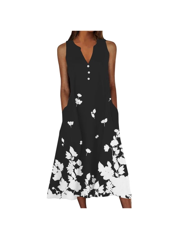 Plus Size Sundresses for Women 2025 Sleeveless Swing Sundress Basic Boho Tea-Length V Neck Dress Beach Flowy Dresses for Women