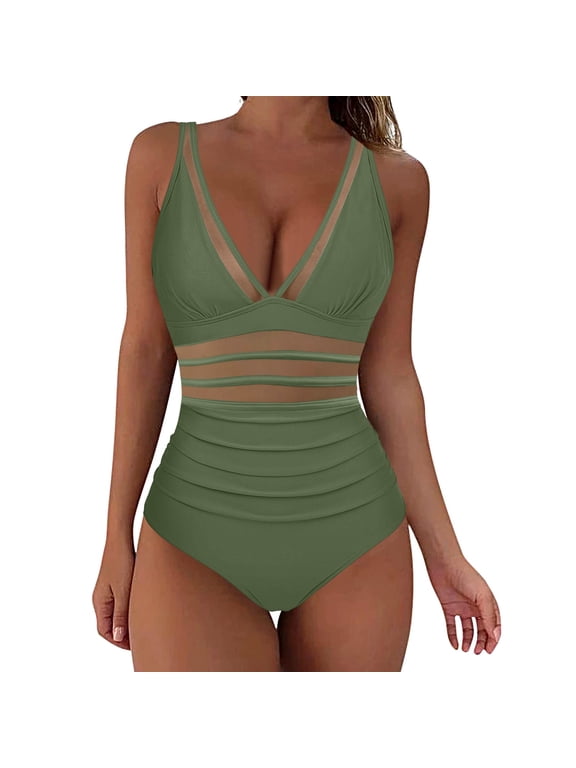 Swimsuit Women One Piece Tummy Control Bathing Suit For Women Modest V Neck Slimming Mesh Swimwear Monokini
