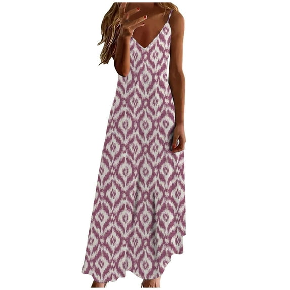 Summer Savings Clearance! Enjoytime V Neck Sundresses for Women Plus Size Boho Printed Beach Dress Spaghetti Strap Loose Soft Flowy Summer Maxi Dress for Women