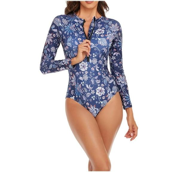 Enjoytime Women Swimsuit Long Sleeve Sexy Flowers Siamese Swim Suit With Zipper Summer Beach Surfing One-Piece Bathing Suit Modest Swimwear