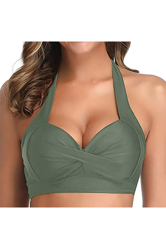 Women's Push Up Bikini Top Sexy Halter Twist Front Swimsuit Tops Solid Color Padded V Neck Swim Bathing Suit Tops (No Bottom)