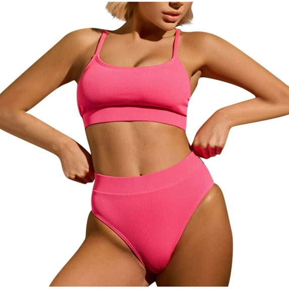 Summer Savings Clearance! Enjoytime Women's Ribbed Bikini Sets Solid Color High Waisted Swimsuit Swim Crop Top Adjustable Spaghetti Straps Bathing Suit With Bottom Swimwear