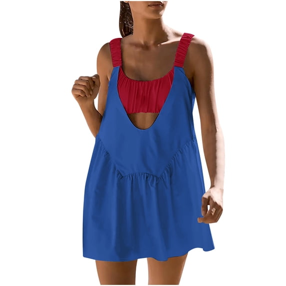 Summer Savings Clearance! Enjoytime Womens Color Block Fashion Mini Dresses Workout Exercise Golf Athletic Dresses Sleeveless Ruffle Summer Tennis Dresses for Women 2024