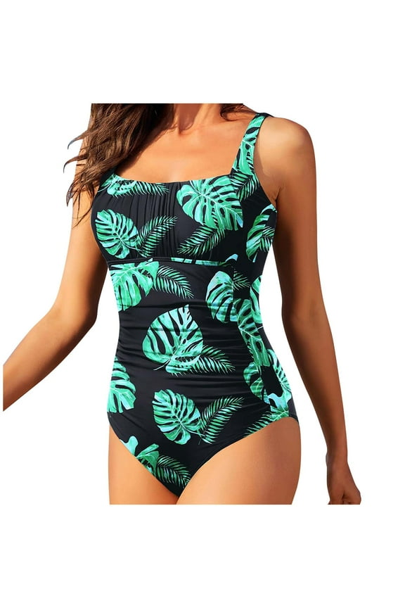 Womens One Piece Swimsuits Vintage Printed Ruched Suit Swimwear Square Neck Monokini Tummy Control Bathing Suit for Women