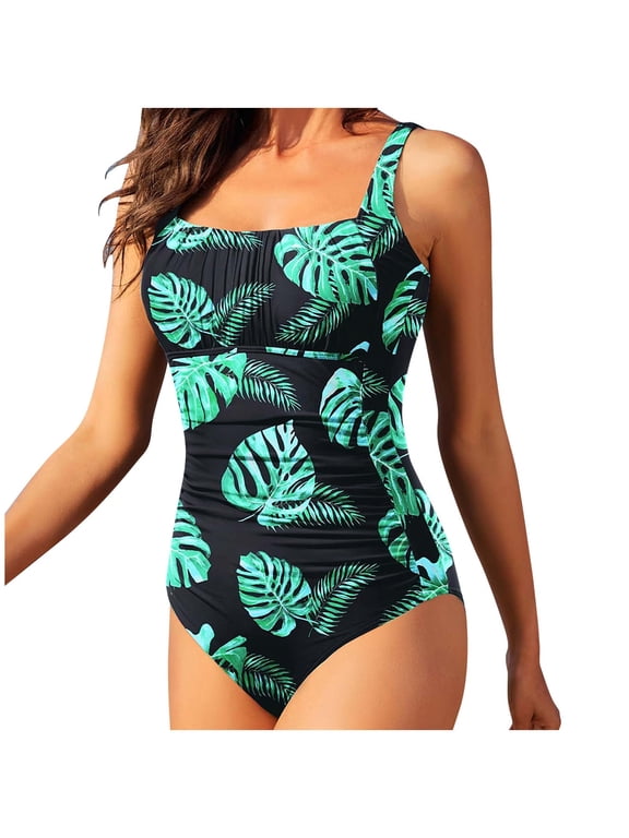 Womens One Piece Swimsuits Vintage Printed Ruched Suit Swimwear Square Neck Monokini Tummy Control Bathing Suit for Women
