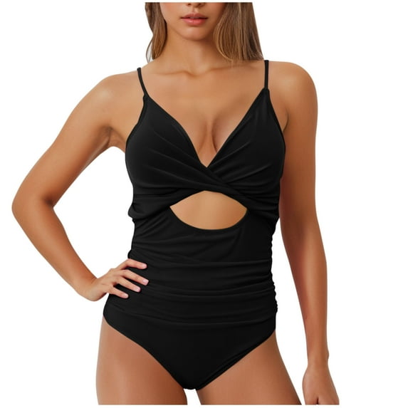 Enjoytime one Piece Bathing Suit Solid Color V Neck Front Cross Monokini Womens Swimsuits Tummy Control Cut Out Swimwear