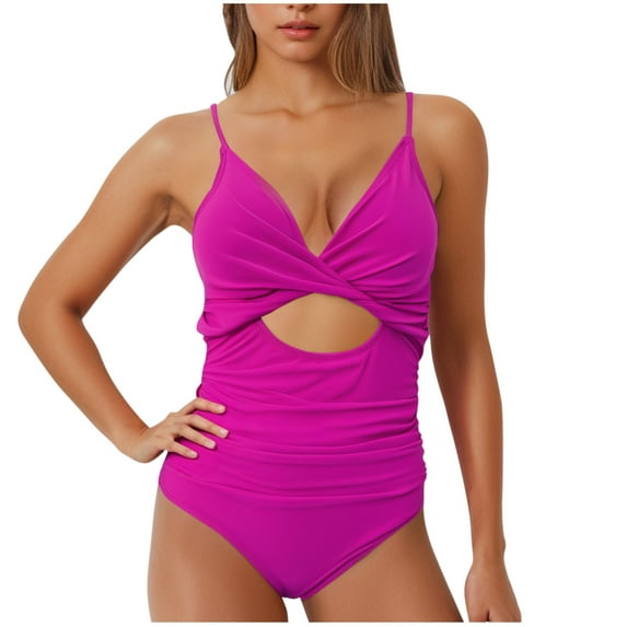 Enjoytime one Piece Bathing Suit Solid Color V Neck Front Cross Monokini Womens Swimsuits Tummy Control Cut Out Swimwear