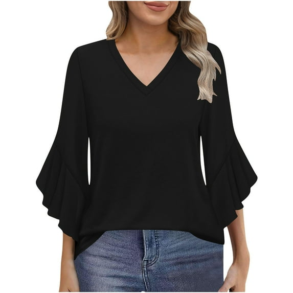 Summer Savings !FRSASU Tunic Tops for Women Solid Color V-neck Lace Sleeve Loose Casual Top T-shirt Black L